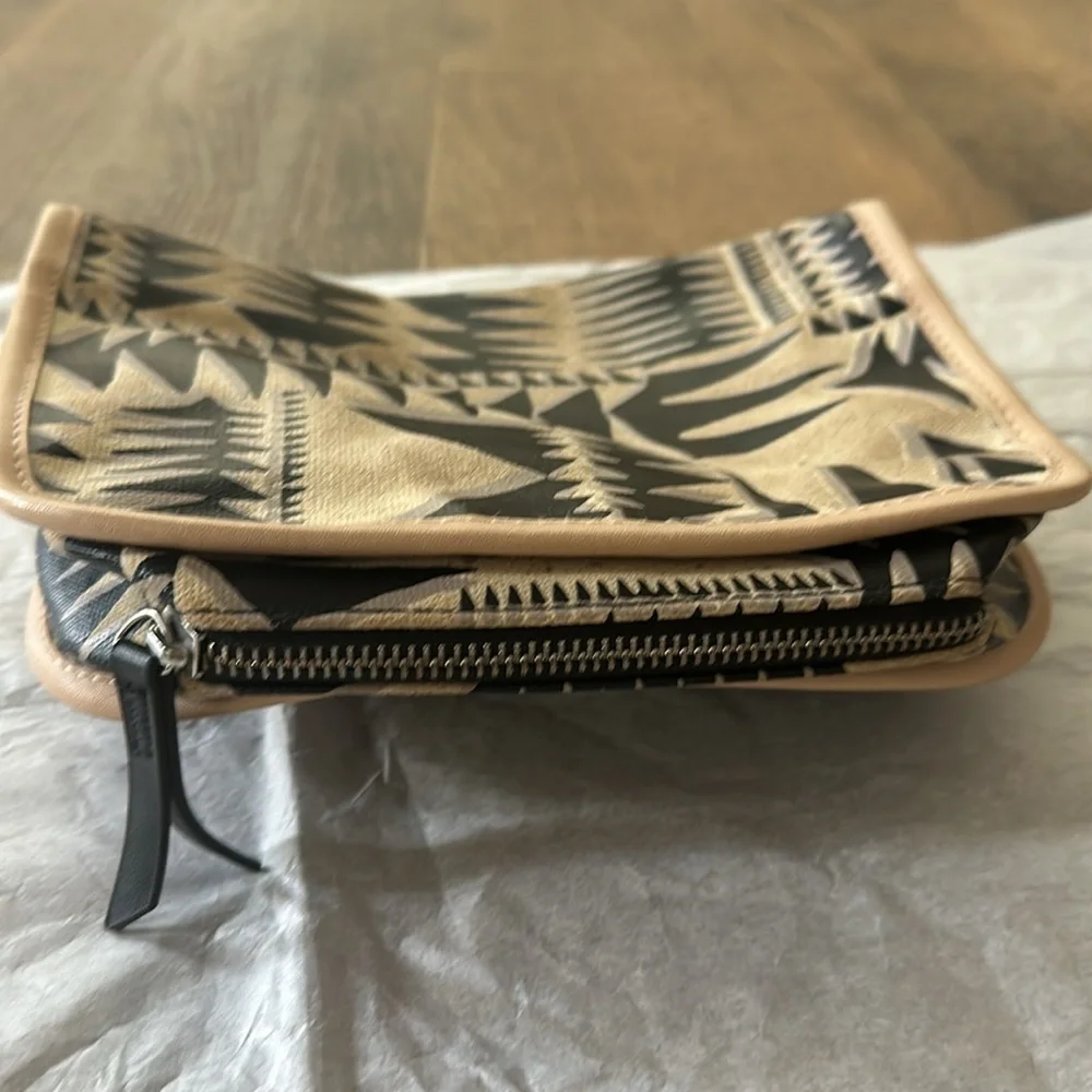 Stella & dot travel bag zipper pouch for cosmetics etc black & tan boho print